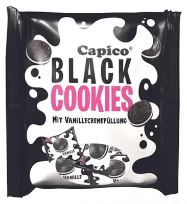 Zdjęcie produktu dla Capico Black Cookies z nadzieniem waniliowym – czekoladowe ciastka typu sandwich