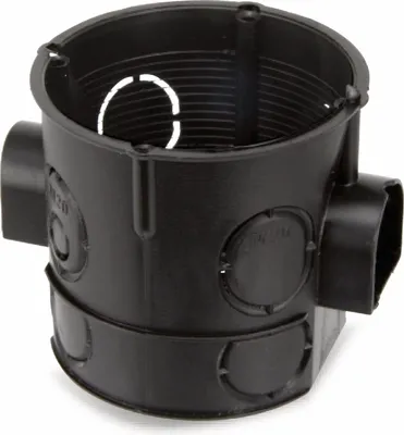 A black electrical junction box with multiple knockouts for cable entry.