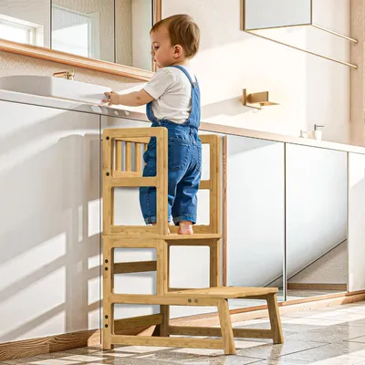 Zdjęcie produktu dla Taboret dla dzieci z dwoma stopniami – platforma edukacyjna do kuchni i łazienki – antypoślizgowa – dla dzieci od 18 miesiąca życia – wykonany z naturalnych materiałów