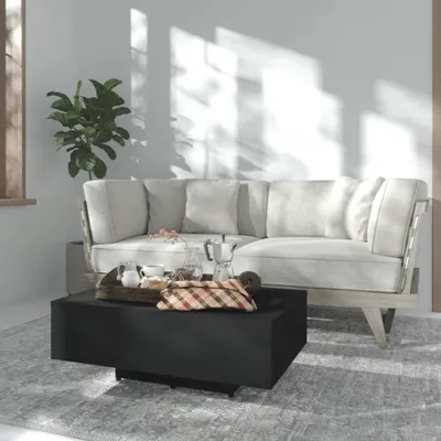 A living room scene with a couch, coffee table, and plant.
