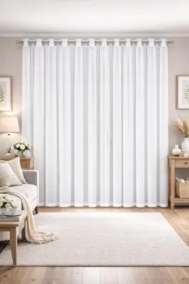 Obrázok produktu pre Hotovo na zavesenie, záclona s rozmermi 300 x 240 cm, vyrobená z bielej priehľadnej látky (voile) s lemovaním pri okách, vhodná do obývačky alebo kuchyne