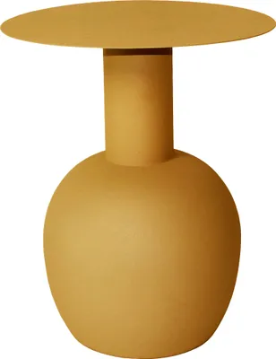 A single, mustard-yellow side table with a round top and a bulbous base.