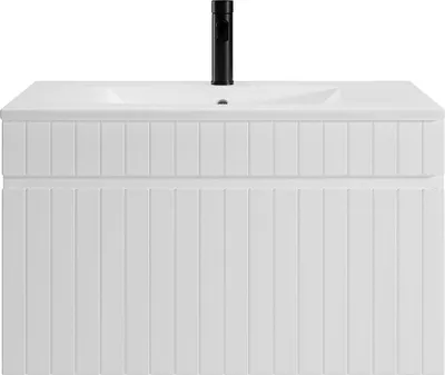 Produktbild von Weißer geriffelter Wandbadezimmerschrank mit Einbaubecken - 80 cm - SATARA