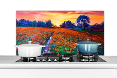 Obrázok produktu pre MuchoWow® Splashback Kuchyňa - Kuchynský backsplash - Ochrana steny pre sporák a drez Maľba - Príroda - Kvety - Olejomaľba 100x50cm Alu-Dibond
