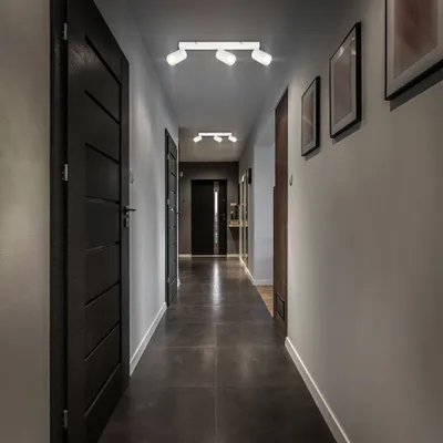 A well-lit hallway with modern doors and artwork on the walls, featuring ceiling lights.