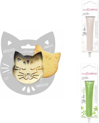 Produktbild von Relief-Kekspackung Katze + 2 weiße und hellgrüne Schokoladenstifte