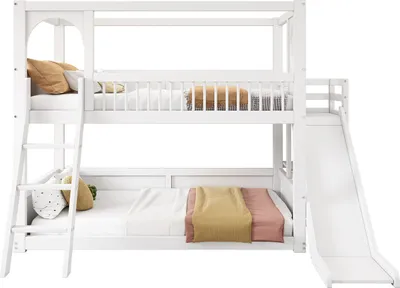 Produktbild von Kinder-Etagenbett, Doppelbett, multifunktionales Kinderbett, mit Regalen, mit Rutsche, ohne Matratze, weiß, 90*200