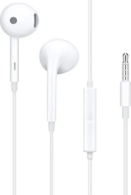 A pair of white in-ear headphones with a 3.5mm jack and an inline microphone/remote.