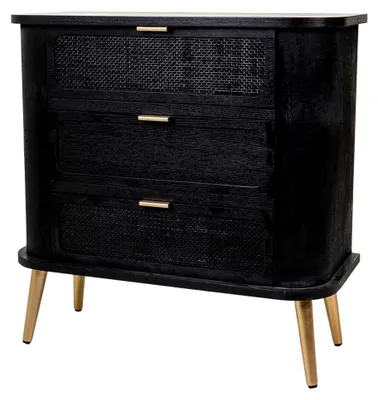 Produktbild von Schwarze Kommode aus Holz und Rattan mit drei Schubladen