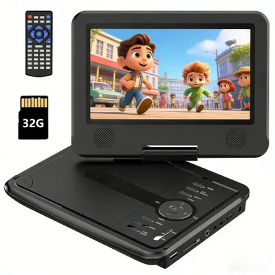Image de Lecteur DVD portable 9,5 pouces avec écran HD pivotant de 7,5 pouces, idéal pour la voiture, avec chargeur de voiture, adaptateur secteur et batterie intégrée ; carte TF de 32 Go, compatible avec les cartes USB/SD et la synchronisation TV