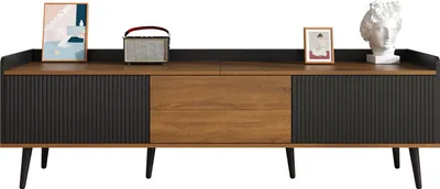 Zdjęcie produktu dla Nowoczesna konsola TV z 3 drzwiami, niska szafka z czarnego i naturalnego drewna, 160 x 39 x 49,5 cm