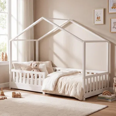 Produktbild von ecomi® Kinderbett 80x160 cm Hausbett mit Rausfallschutz & Lattenrost, Weiß