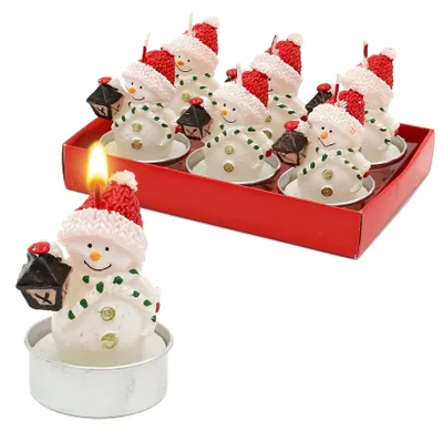 6 Teelichter Schneemann mit Laterne, 4x4x7 cm, Bienenwachs