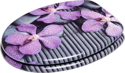 A toilet seat with a floral pattern.