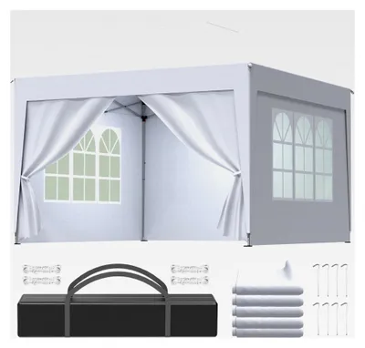 Produktbild von Höhenverstellbarer Pavillon 3x3, Faltpavillon Wasserdicht, Pop-up Partyzelt mit 4 Seitenteilen, Winterfest, Gartenpavillon UV Schutz 50+, Zelt für Strand, Hochzeit & Camping, Weiß