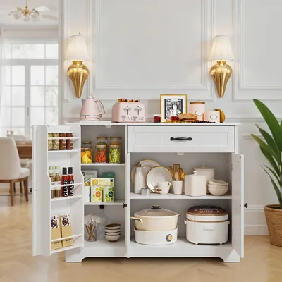 Immagine prodotto di Buffet da cucina BEALIFE 105x40x85 cm | 3 ante e 1 cassetto | In MDF con protezione antiribaltamento | Retro/Bianco AP102