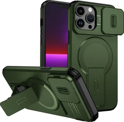 Obrázek produktu pro Magnetické pouzdro pro iPhone 13 Pro Max, dvouvrstvé odolné pouzdro s posuvnou ochranou fotoaparátu a nastavitelným stojánkem Zelená