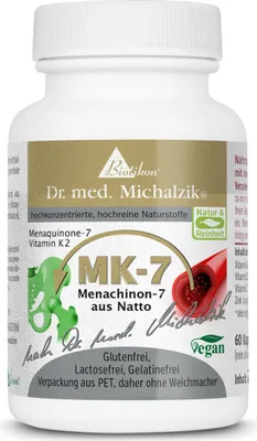 Produktbild von Vitamin K2 - MK7 Dr. med. Michlazik - 60 Kapseln - 100 µg je Kapsel MK-7-Gehalt - ohne Zusatzstoffe - von BIOTIKON®