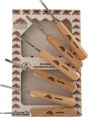 Produktbild von STUBAI Mikro Schnitzeisensatz 6-tlg. mit Schnitzer Heft | Gerades Balleisen 3 mm, schräg 7 mm, Hohleisen 3 & 5 mm, gekröpftes Hohleisen 5 mm, Gaißfuß 3 mm | Profi Holzschnitzerei Werkzeug