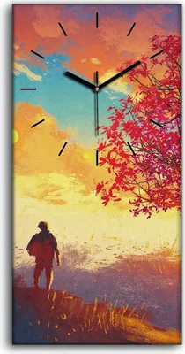 Produktbild von Dekor Leinwand Uhr Wandbilder 30x60 Gemälde Hügel Baum Himmel Sonnenuntergang - schwarze Hände