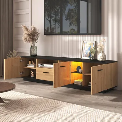 Produktbild von STILVORA TV-Schrank mit Schublade und 3 Türen,TV-Lowboard mit offene Glasfächer,Fernsehschrank mit LED-Leuchten durch APP-Steuerung,Natur
