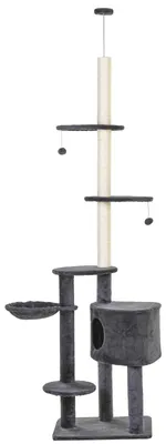 Produktbild von Kratzbaum deckenhoch Höhe 220-265 cm Katzenbaum mit Spielbälle, Katzenhöhle, Hängematte, Sisalstämme, Plattformen mehrstöckiger  Katzenkratzbaum Kletterbaum für mittelgroße Katzen, Dunkelgrau