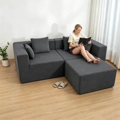 Produktbild von HOMMPA Cordstoffbezug Sofa, modulares Ecksofa mit tiefer Sitzfläche, 350 g/m² Cordstoff, ohne Montage, 2-teilig mit Chaiselongue 203x101x58cm