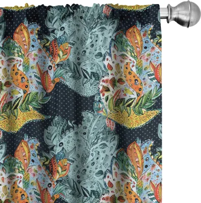 Obrázek produktu pro ABAKUHAUS Paisley záclony, závěsy, etnické neobvyklé orientální listy květinové motivy s pávy na potisku, 2 kusy 75 x 175 cm, modrá a oranžová
