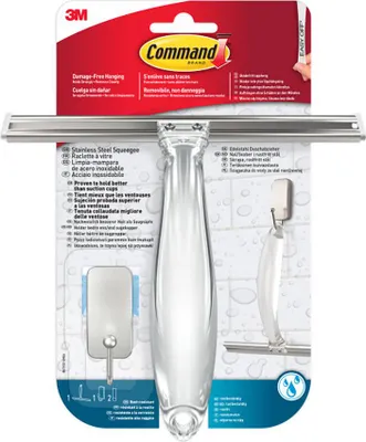 Immagine prodotto di Command™ Raschietto per bagno e doccia, acciaio inossidabile e nichel satinato BATH32, 1 raschietto + 1HK + 2 strisce S | Confezione (1 set)