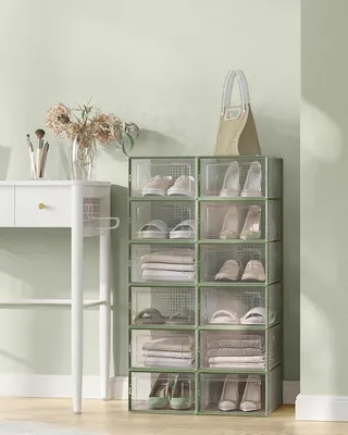 Produktbild von Famanu Schuhboxen Set von 12 - Faltbar und Stapelbar, für Schuhe bis Größe 44, Transparent-Lauriergrün