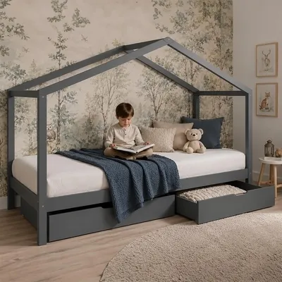 Produktbild von Homestyle4u Kinderbett 90x200 mit Lattenrost mit Bettkasten 2er Set Strauraum Schublade Hausbett Grau
