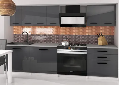 Produktbild von Küchenschrank Set Möbelsets Unterschränke Hochschrank Hängeglasschrank Komplettküche Sonik 2 | Küchen Möbel | Grau glänzend