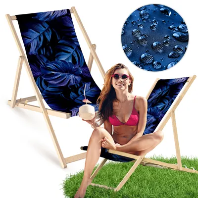 Holz Liegestuhl klappbar „Marineblaue Monstera“ – Gartenstuhl Relaxstuhl Sonnenliege Balkon Terrasse