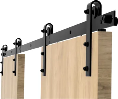 A black sliding door hardware set mounted above two wooden doors.