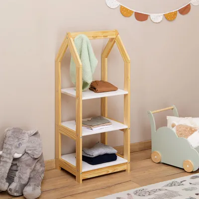 Produktbild von Kinder Regal SALLY Hausform, natur/weiß - Montessori Kinderregal mit 3 Ablageböden, praktische Haken zur Organisation. Regale Kinderzimmer, Kindermöbel, Kindergarderobe