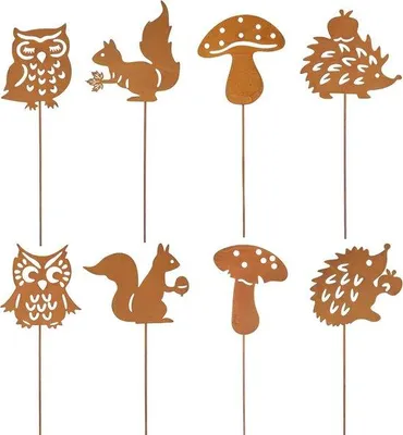 Immagine prodotto di Set di 8 paletti da giardino arrugginiti per decorazioni autunnali da esterno - Decorazioni da giardino a forma di scoiattoli, ricci, gufi e funghi, a due posti - Metallo