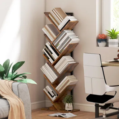 Produktbild von SUGIFT Standregal Schmal, Bücherregal Baumform 9 Ebenen, Industriedesign Spanplatte, Rustikal-Braun | Spanplatte | Kippschutz | 50x24x136 cm