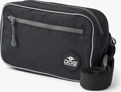 A black belt bag with gray trim and zipper.