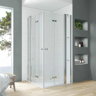 Produktbild von Duschkabine 110x140cm Eckeinstieg aus stabilem ESG Sicherheitsglas Falttür Duschwand Dusche Duschabtrennung Eckdusche Doppeltüren an Festteilen mit Eckablage Höhe 187cm rahmenlos