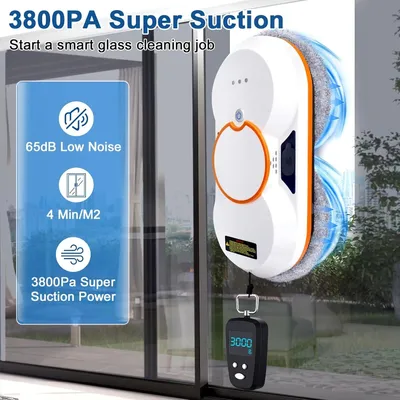 Image de Robot nettoyeur de vitres - Nettoyant pour vitres - Nettoyeur de vitres - Essuie-vitres - Robot nettoyeur de vitres - Puissance d'aspiration élevée : 3800 Pa
