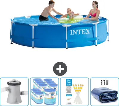 Produktbild von Intex Rundrahmen-Schwimmbecken – 305 x 76 cm – Blau – inklusive Pumpe Filter - Teststreifen - Sonnensegel