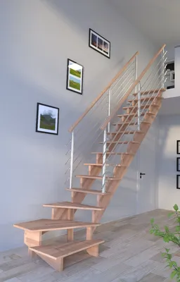 Obrázek produktu pro Dřevěné schodiště Lindos (buk) v 1/4 točité konstrukce vpravo - 80 cm designové zábradlí z nerezové oceli na obou stranách - bez stoupaček