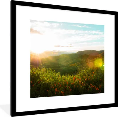 Produktbild von MuchoWow® Gerahmtes Poster Hügel - Sonnenuntergang - Gras - Grün 40x40 cm - Poster mit Schwarzem Bilderrahmen Wandposter Rahmen Foto Bilder - Poster - Plakat im Rahmen
