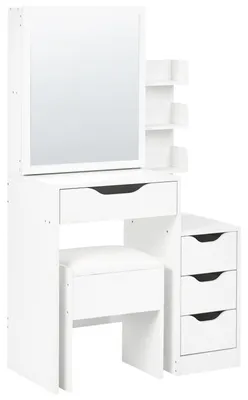 Obrázek produktu pro BELIANI Toaletní stolek bílé MDF se zrcadlem a stoličkou 4 zásuvky 3 police toaletní kosmetické zrcadlo minimalistický design ložnice