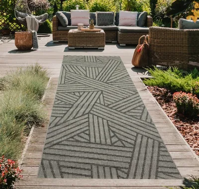 Image de Tapis d'intérieur et d'extérieur aspect sisal terrasse cuisine salon balcon motif abstrait rayé anthracite Taille - 80 x 200 cm