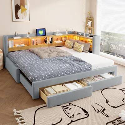 Productafbeelding van Slaapbank 90x200 cm, met LED-verlichting, met lades, met opbergruimte, met uitschuifbed, geschikt voor kinderkamers en tienerkamers, beige