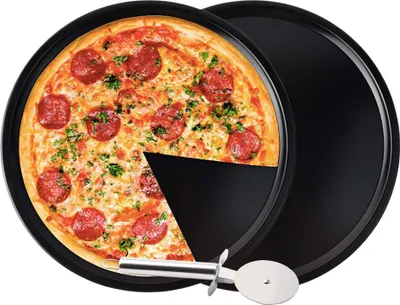 Obrázek produktu pro Plech na pečení pizzy, sada 2 kusů, kulatý plech na pečení pizzy, nepřilnavý, pizza & tarte flambée, uhlíková ocel, křupavý plech, 8 palců