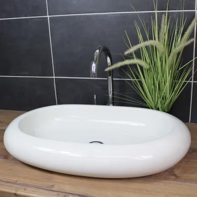 Produktbild von Aufsatzwaschbecken 62 x 40 x 10 cm länglich abgerundet Waschbecken Waschschale Keramik Weiß modern