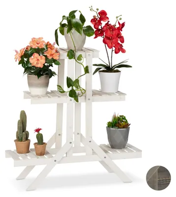 Produktbild von Pflanzenständer aus Holz, 3 Ebenen mit 5 Ablagen, Shabby Chic, für den Innenbereich, H x B x T: 83 x 83 x 28 cm, Blumenregal, weiß