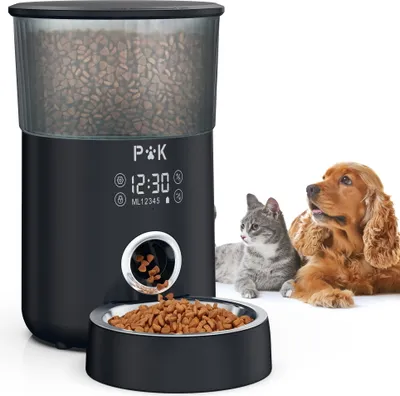 Produktbild von P&K 4L Automatischer Futterautomat Touch Futterspender für Katzen und Hunde, 1-5 Mahlzeiten pro Tag, Netzteil / Batterie, Schwarz
